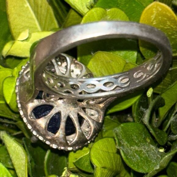 925 Sterling silver Large Dark blue Sapphire & Pave CZ 14mmx12mm,6.78g ring Sz 9 - Picture 3 of 10